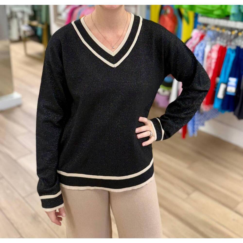 NEW M MADE IN ITALY v-neck shimmer sweater in black